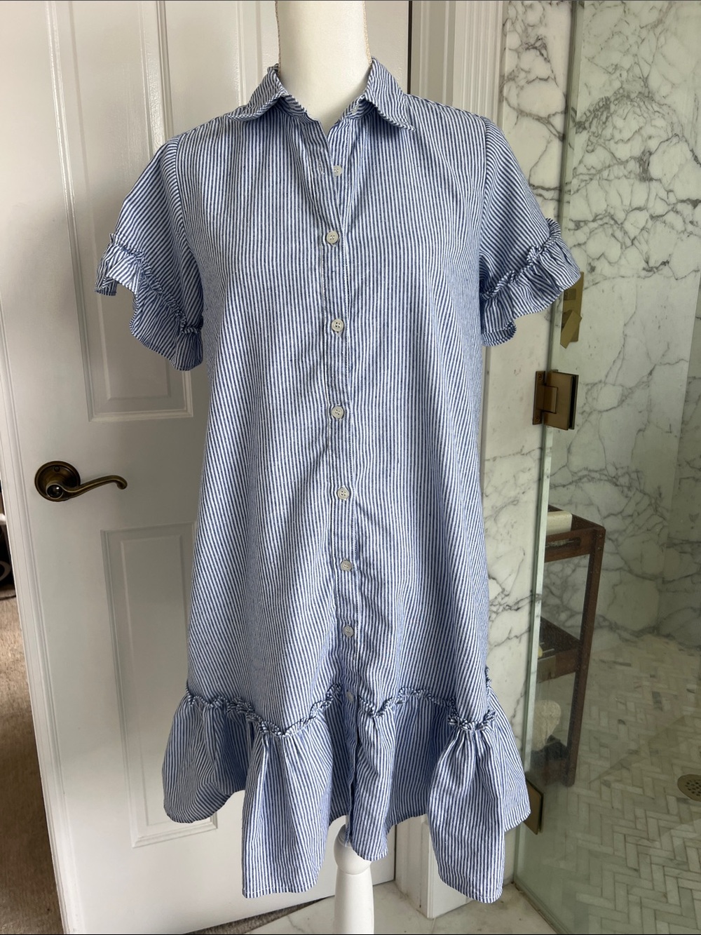 Girls' Blue Striped Button-Front Ruffle Hem Dress